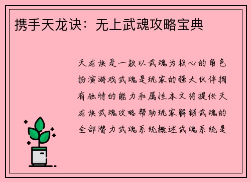 携手天龙诀：无上武魂攻略宝典